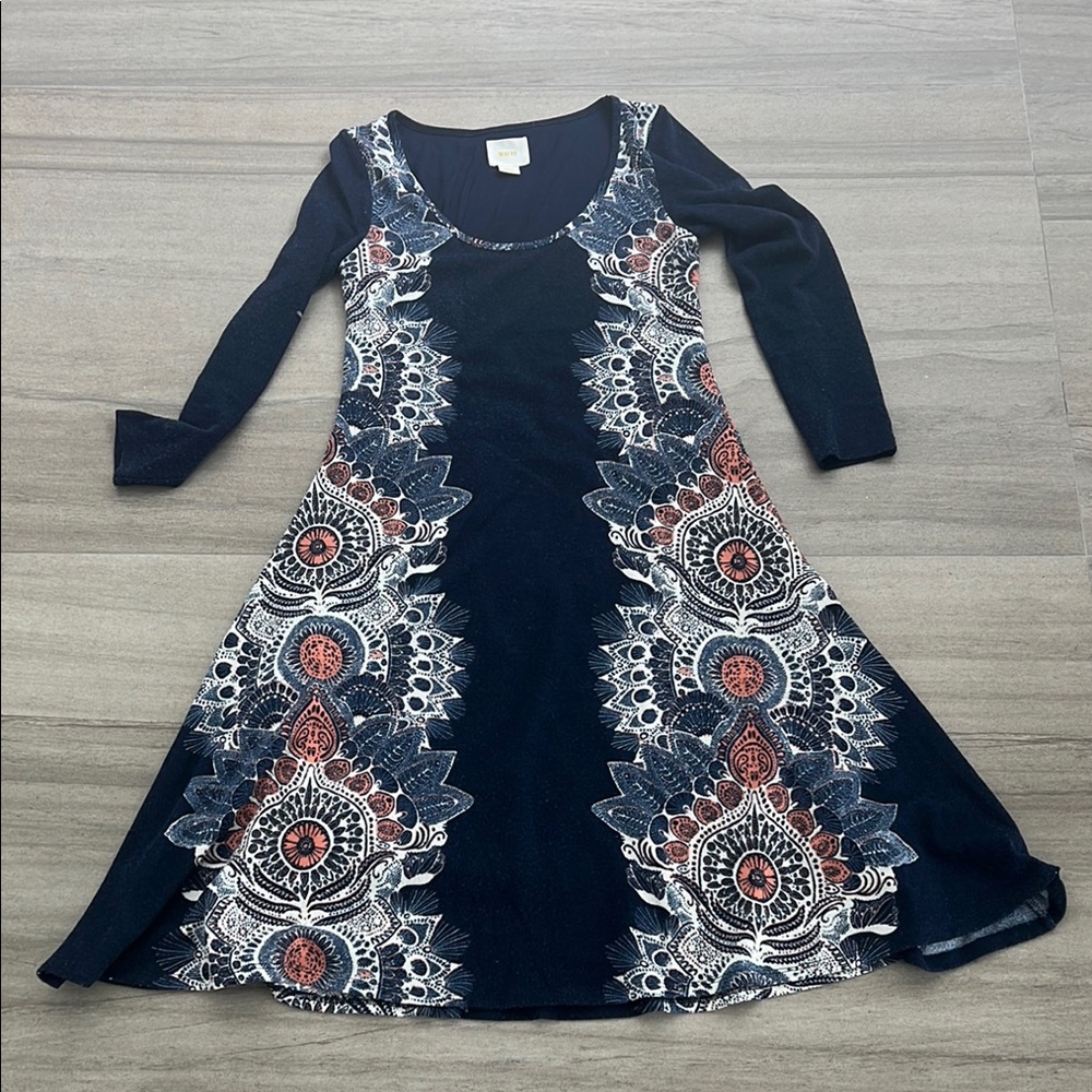 Maeve Blue and White A-Line Long Sleeve Dress